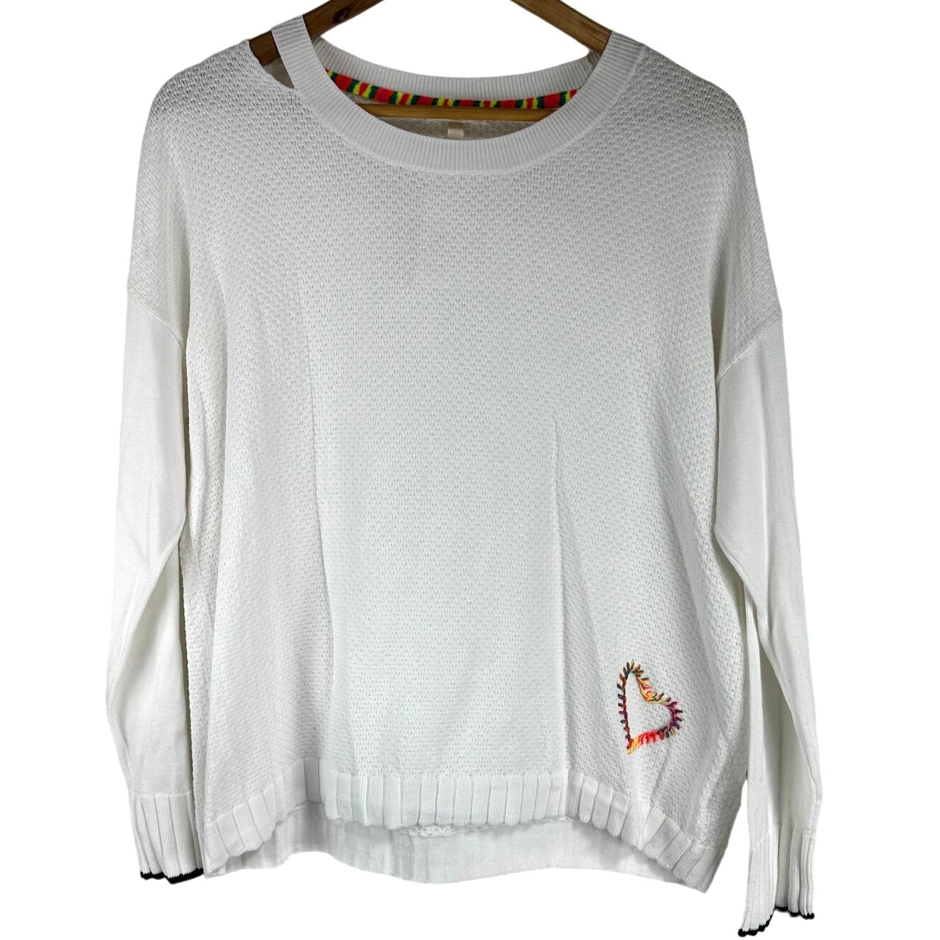 Lisa Todd Nwt Lover Embroidered Rainbow Heart Sweater In White Size Xl Ribbed
